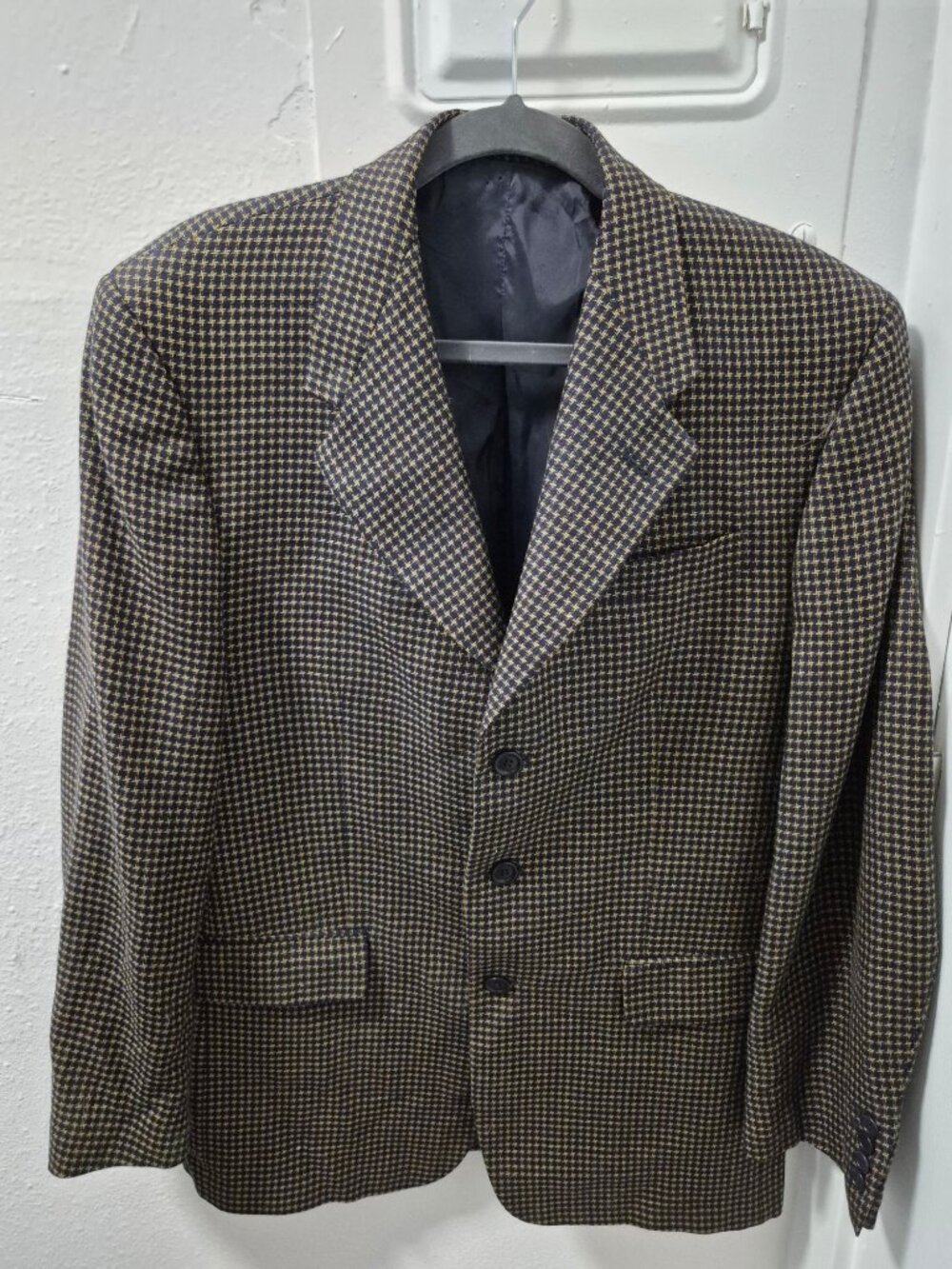 Vintage Enzo Tovare Houndstooth Mens Blazer 3-Button Wool Blend SZ 36R Navy Tan